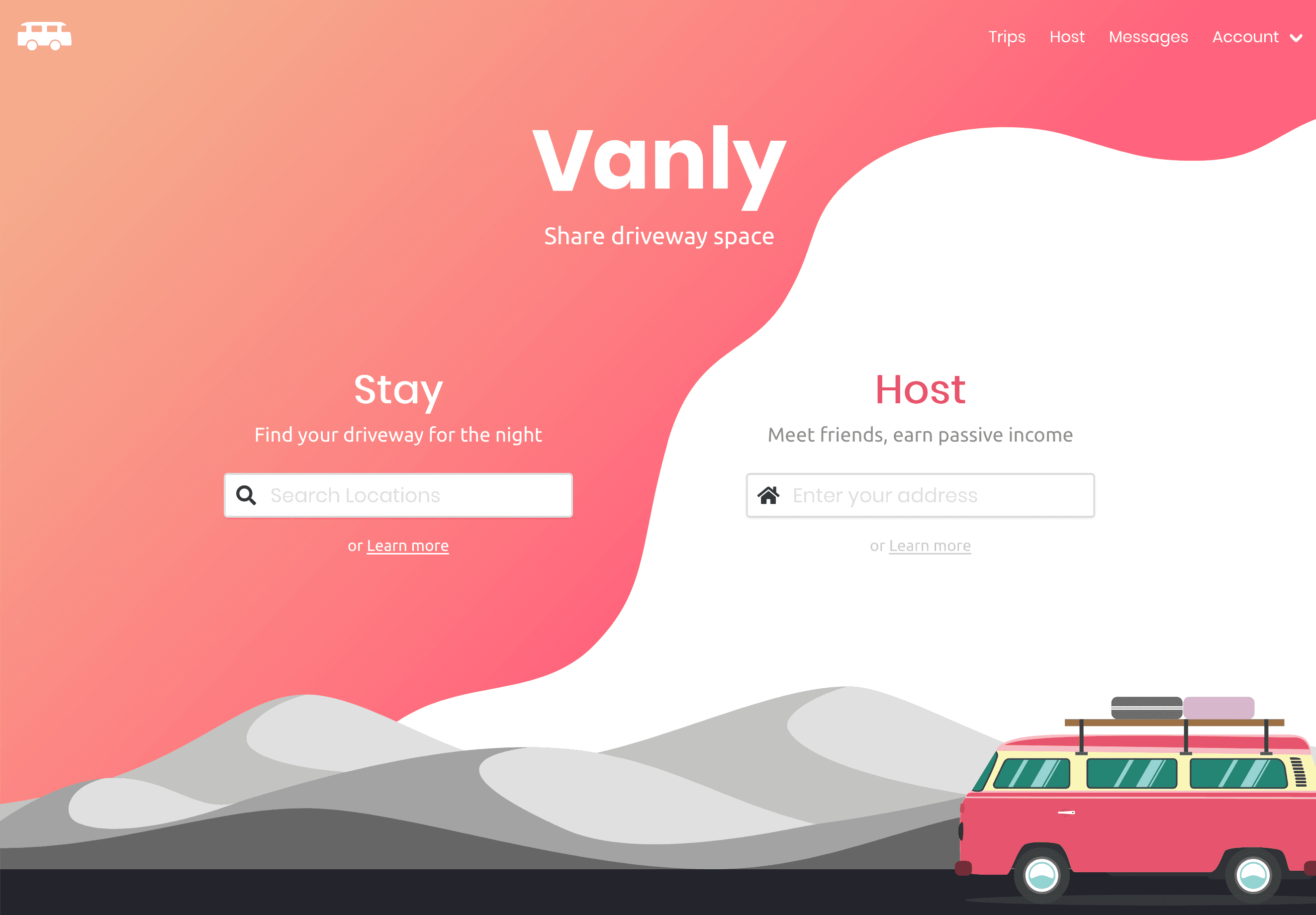 The Vanly landing page from August 2019