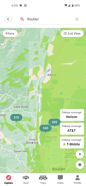A map of Boulder overlaid with cellular coverage by carrier